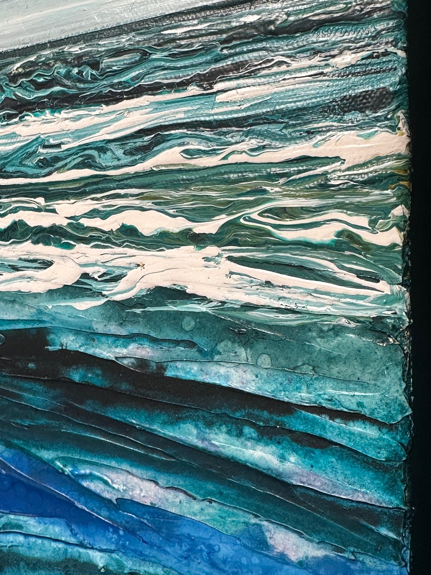Abstract art seascape in blue, green, and white.