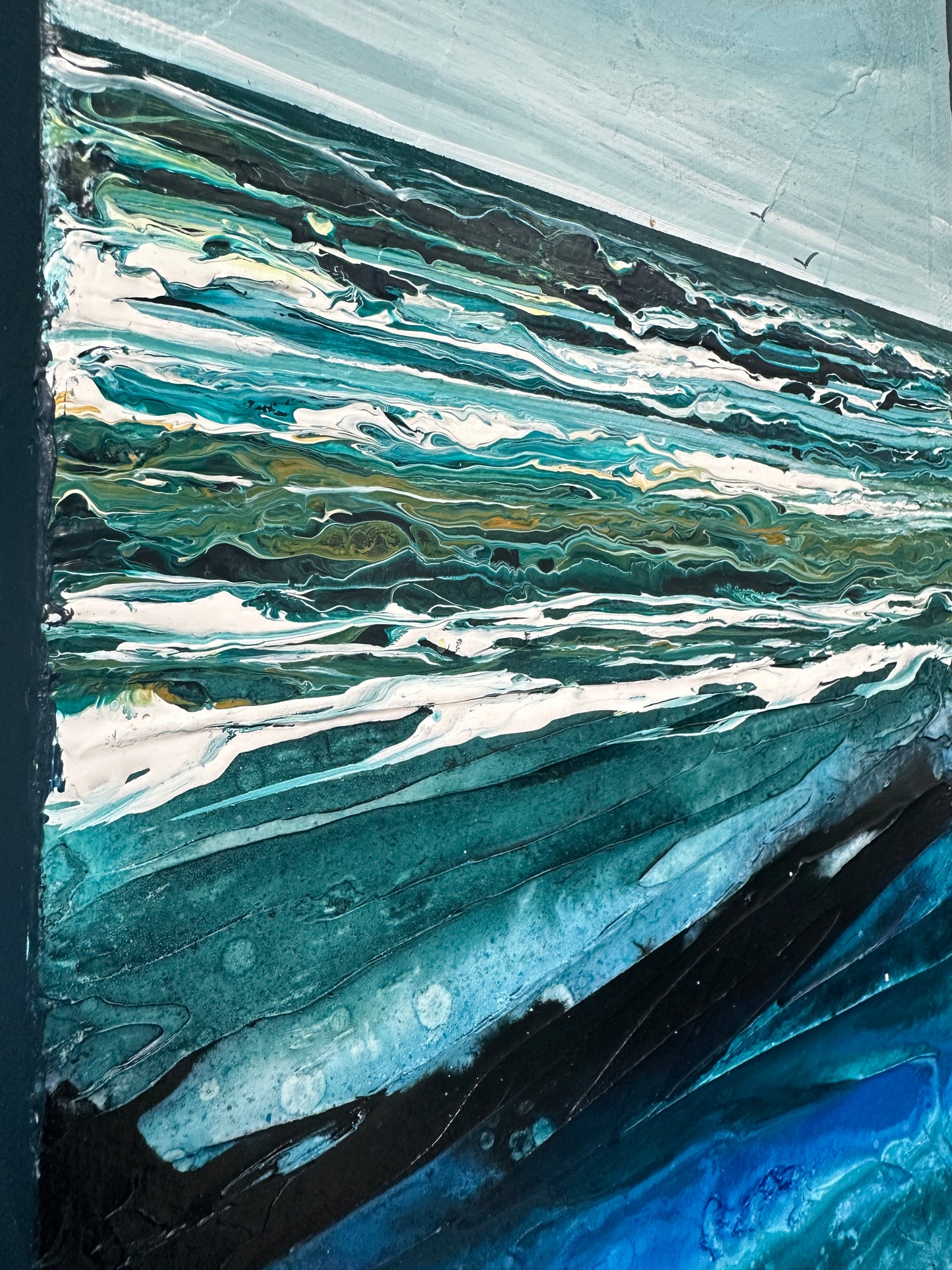 Abstract art with swirling blue, green, and black colors