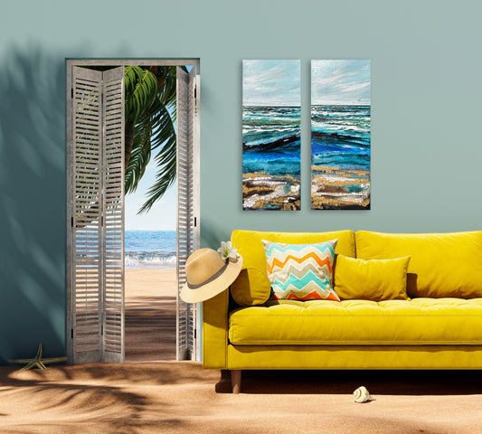 Living room with a yellow sofa, beach-themed decor, and abstract wall art.