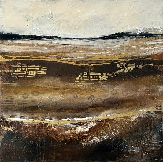 Abstract landscape painting with brown, beige, gold and black tones