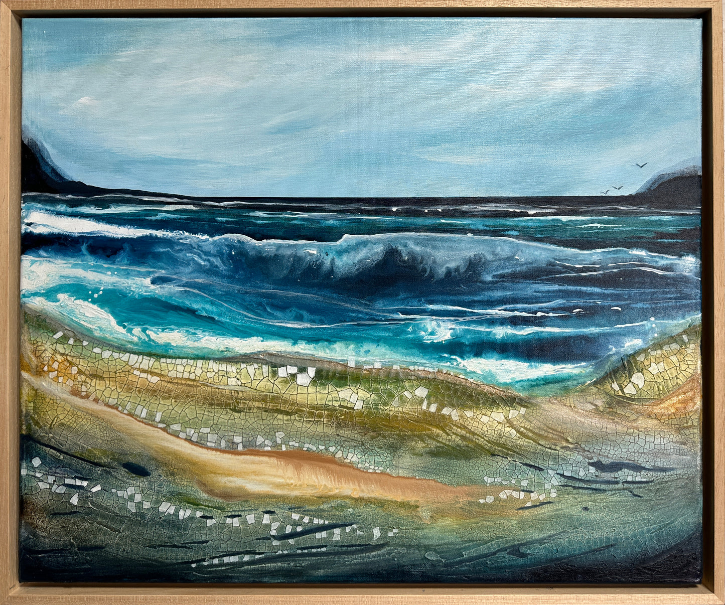 Painting of a coastal scene with waves and a sandy beach.