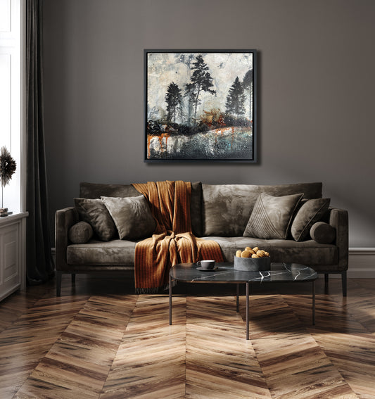 Framed abstract canvas art in black floater frame – symbolic trees emerging from dark textures. Room mock up view of painting on a wall