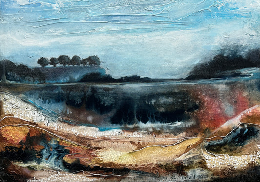 Abstract landscape painting with a blend of earthy and metallic colors, featuring gold and copper accents, and a textured surface.