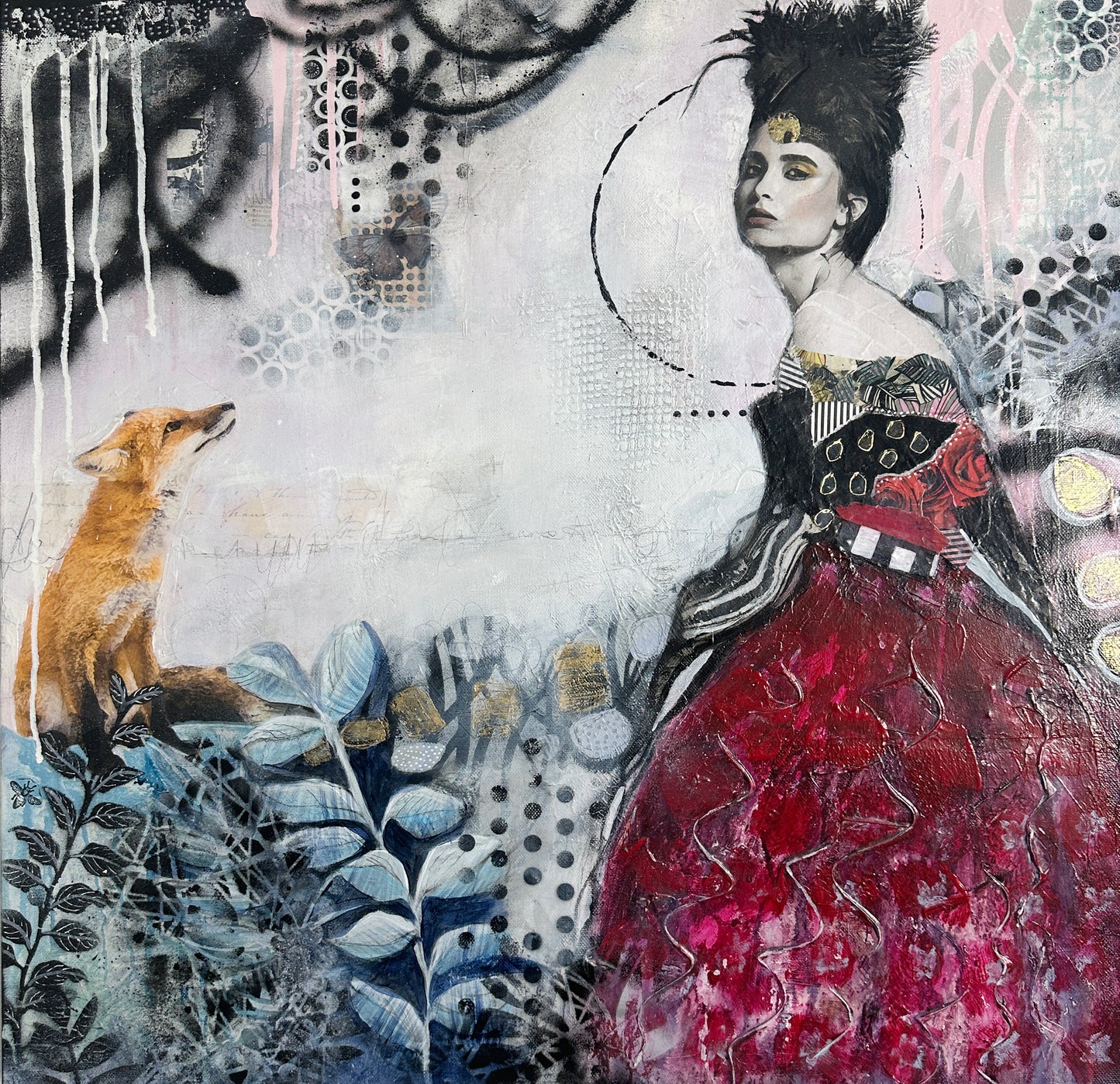 A mixed media artwork featuring a stylized, regal-looking female figure in a red dress with black accents, alongside a orange fox on a surface with blue floral patterns and abstract elements.