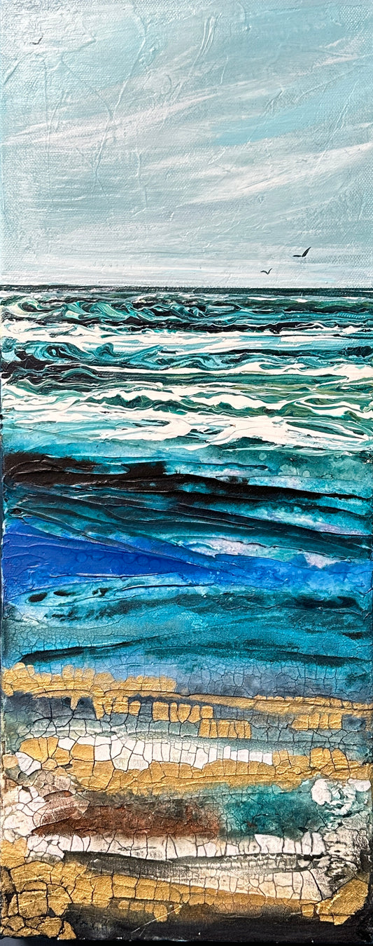 Artistic depiction of a layered ocean scene with blue, gold, and white colors. Seacape painting