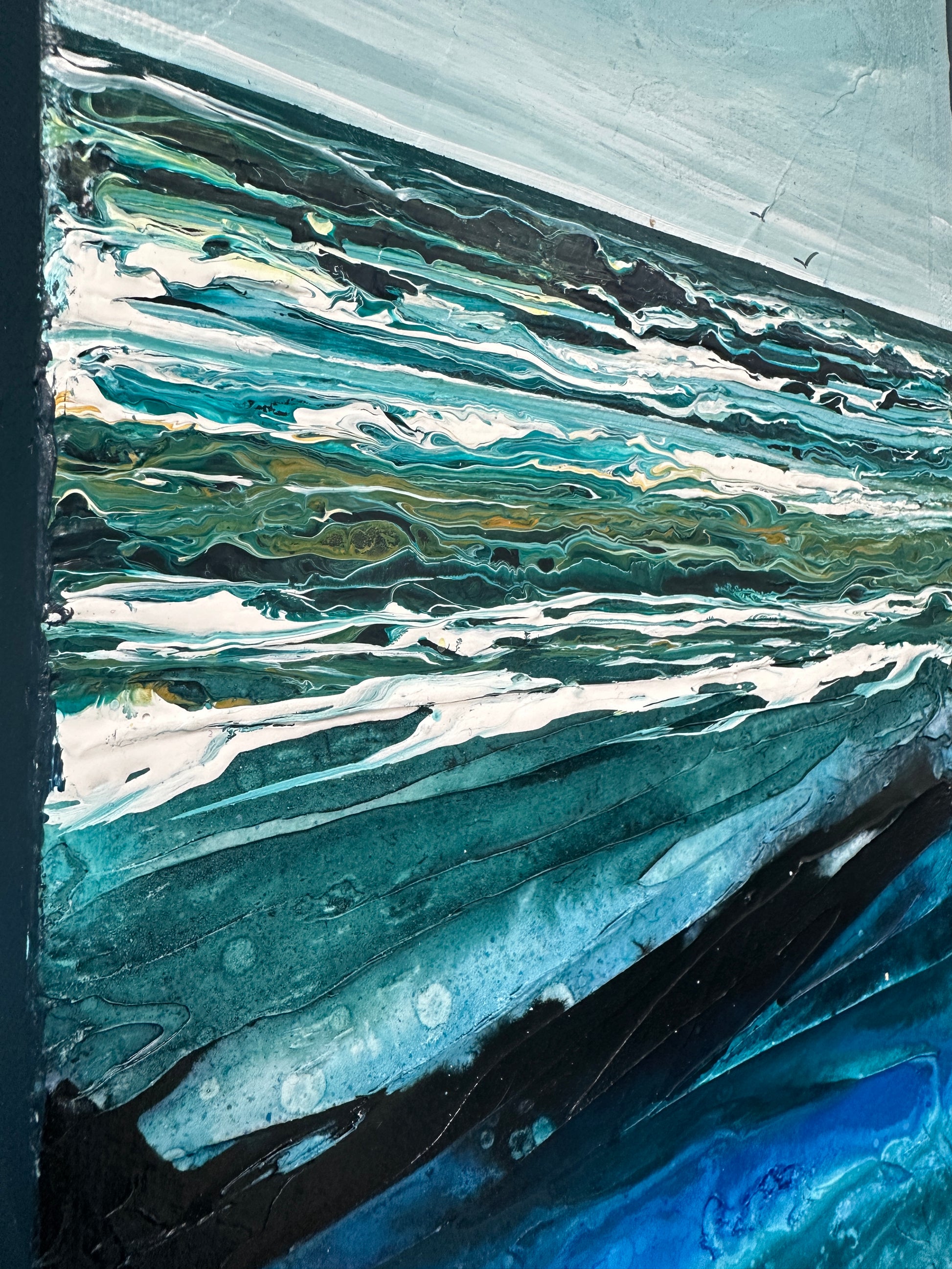 Abstract art with swirling blue, green, and black colors