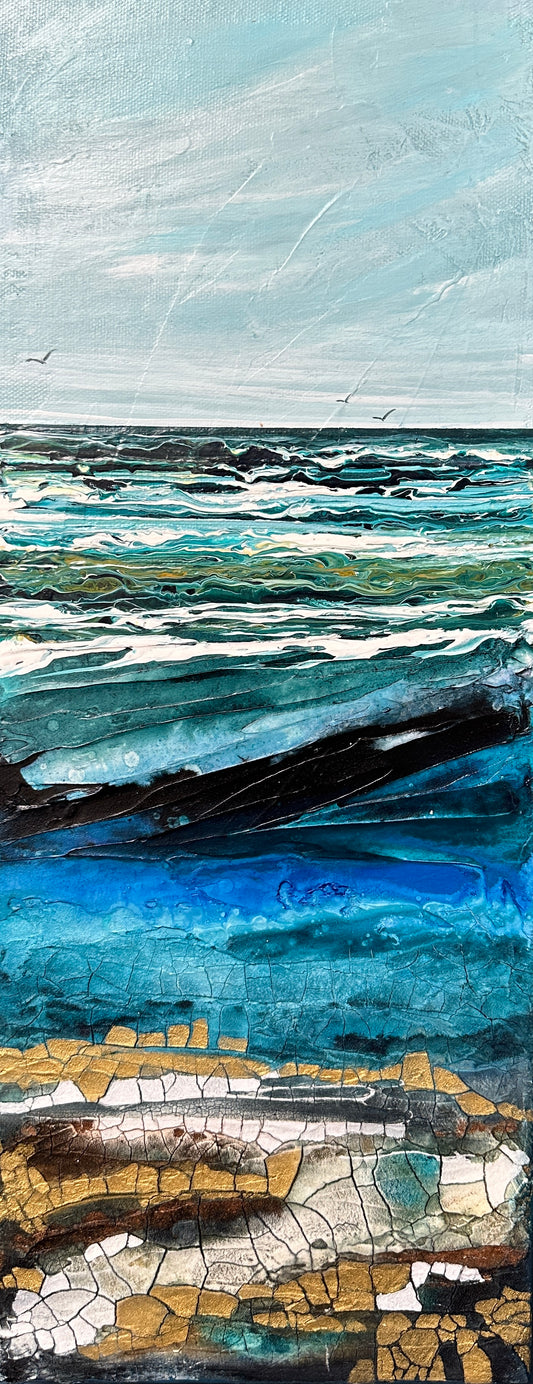 Abstract seascape painting with a texture, golds and blues
