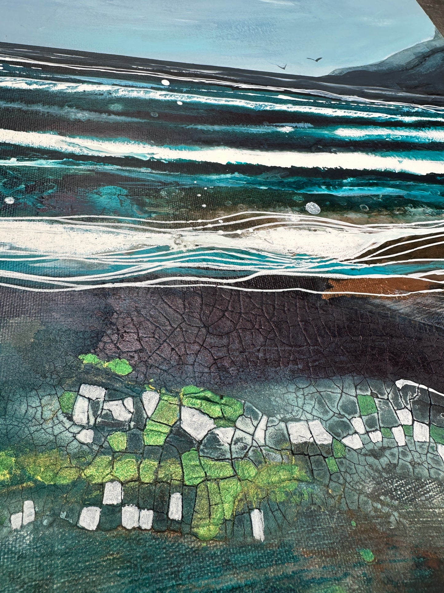 The Shifting Tide – Textured Abstract Seascape in Copper and Green