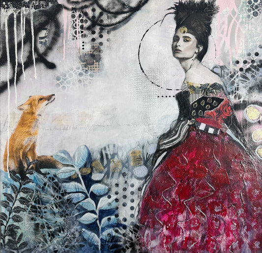A mixed media artwork featuring a stylized, regal-looking female figure in a red dress with black accents, alongside a orange fox on a surface with blue floral patterns and abstract elements.